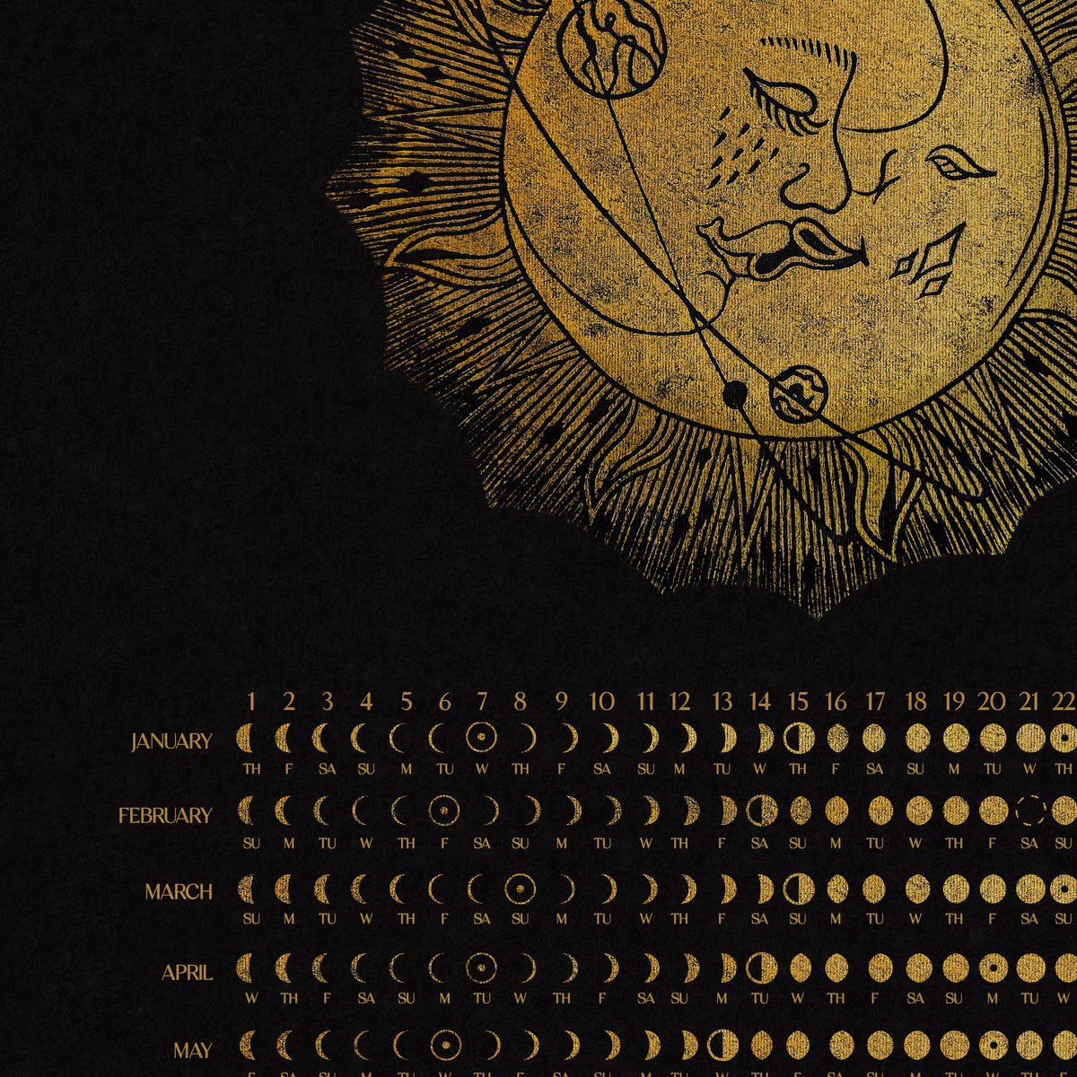 2027 moon phases lunar phases chart printable calendar kiss moon sun linocut prints whimsical decor primary bedroom digital poster lunar new year girlfriend gift INSTANT DOWNLOAD black gold lino glamoratti wall art download home office Dark Academia Mystical boho bohemian classical christmas illustrated workspace coworker new apartment prints modern holiday xmas teacher housewarming homeowner friend downloadable aesthetic wall hanging mother grandmother sister self wife women hostess girlfriend