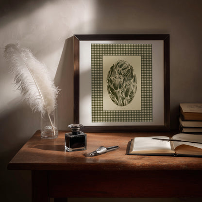 Beige retro cottagecore sage green color gingham tulips flowers large linocut prints floral lino printable wall art master bedroom checkered decor digital poster monochrome farm linogravure godmother gift reading nook rustic grand millennial modern kitchen vintage botanical mom gift living room antique illustration plant lover dining room chateaucore hostess earth tones downloadable instant download home office laundry farmhouse mother grandmother sister self wife women girlfriend Entryway Home office 