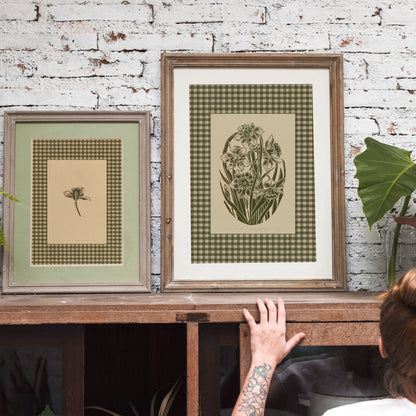 Printable Sage Green Gingham Daffodil Flower Linocut Prints Retro Cottagecore Chateaucore Checkered Wall Art Study Room Decor Digital Poster entryway hallway moody, quiet luxury art, soft neutral, slow living wall decor, romantic, foraged wall art, wife present, Floral wall art, Farmhouse wall decor, Farmhouse wall art, farm kitchen wall art, farm decor, easter gift, dorm room decor, Dining Room Decor, vintage flowers, mindfulness decor, Dining room art, daughter in law gift, old world