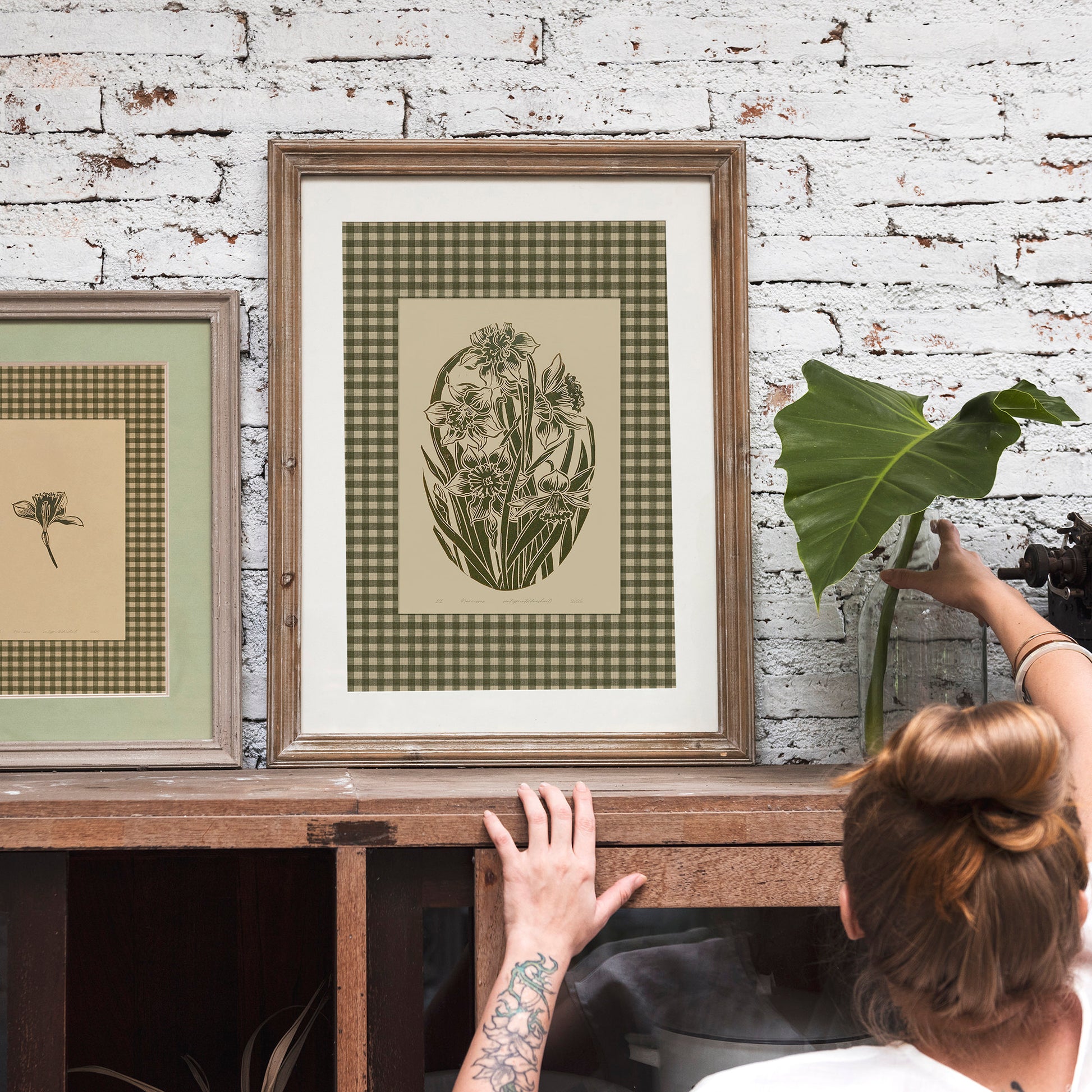 retro cottagecore sage green color gingham wall art daffodil flowers large linocut prints floral lino printable bedroom decor checkered decor digital poster farm reading nook rustic linogravure monochrome grand millennial modern kitchen vintage botanical mom gift living room antique illustration plant lover dining room chateaucore hostess thank you earth tones downloadable instant download home office housewarming laundry farmhouse mother grandmother sister self wife women girlfriend Entryway