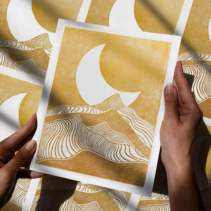 Gold Abstract Moon Line Mountains 8x10 Landscape Mini Linocut Print Modern Minimalist Original Artwork Master Bedroom Wall Art Decor
hand carved, wall hanging, unique Vintage art, unique wall art, trendy wall art, thank you gift boss, teacher appreciation gift, Summer wall art, large wall art, sister in law gift, shelf decor, self gift, rustic artwork, Retro scandinavian artwork, handprint, retirement gift, Relief print, realtor closing gift, Printmaking art, original illustration, original artwork