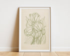 Printable antique hand drawn tulips flower sketch in Sage green color poster