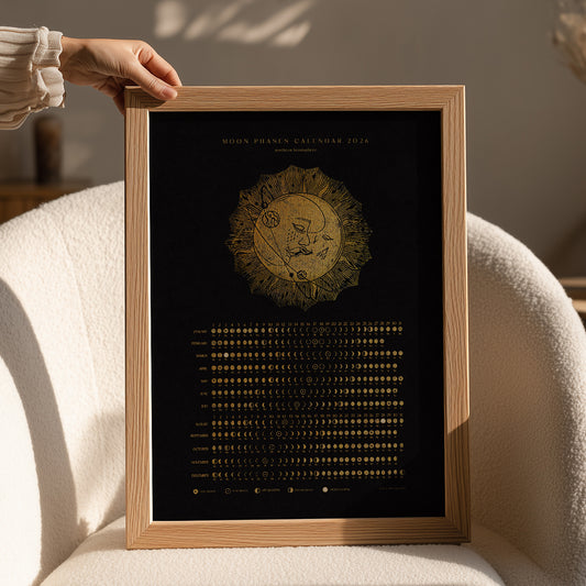 Black and gold 2026 moon phases chart kiss moon sun printable wall art linocut prints desktop iPad wallpaper bedroom wall decor large poster INSTANT DOWNLOAD digital download home office 2026 lunar calendar boho classical 
new year gift, christmas present, illustrated calendar, wall calendar 2026, holiday calendar 2026, instant download, digital product, downloadable art, wall hanging, unique wall art, Xmas Gift for Nature Lover, minimalist wall art, large wall art, moody wall art, trendy wall art
