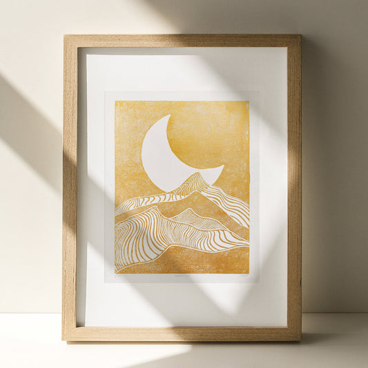 gold abstract moon line mountains 8x10 lino desert landscape mini linocut print modern minimalist original artwork master bedroom decor living room wall art hallway relief block linogravure reading nook boho classical style new home gift mid century modern mindful christmas printmaking bohemian abstract handprint decoration geometric unique dopamine eclectic scandinavian trendy aesthetic above bed man cave apartment housewarming dining room dorm entryway laundry office hostess mom mother