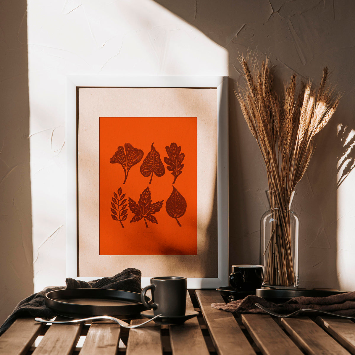 Autumn Orange brown minimalist rustic foraged nature leaves plant printable wall art large linocut prints warm earth tones living room treat yourself digital poster forestcore decor botanical lino linogravure instant download nature lover gift thank you mom handmade bedroom fall aesthetic instant download home office housewarming new home modern downloadable hanging moody kitchen dining dorm laundry above bed mother grandmother sister self wife hostess heirloom girlfriend thank you farmhouse