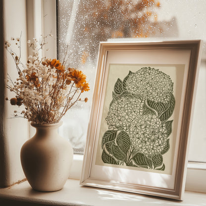 Retro Cottagecore Hydrangea Flowers Linocut Print Sage Green Floral Original Artwork Hallway Kitchen Wall Art Decor Autumn Grandmother Gift window nook
 Farmhouse wall decor, farm kitchen wall art, bedroom focal point art, entryway wall art, dorm room decor, diy gift, Dining Room Decor, entryway wall decor, daughter in law gift, old world botanical, european vintage wall art, french countryside art, scandinavian, nordic nature, old european, domestic still life, cottagecore wall art, cottage core, Botanical