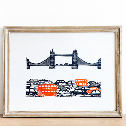 linocut print home office decor england cityscape linogravure nursery dopamine tower London bridge red bus wall art british landmark original artwork urban landscape UK back to school travel gift idea  patriotic relief home office bedroom thankful lover gift lino print printmaking professor teacher handprinted Architecture British Heritage Souvenir Thames River nurcery children kids room decoration entryway