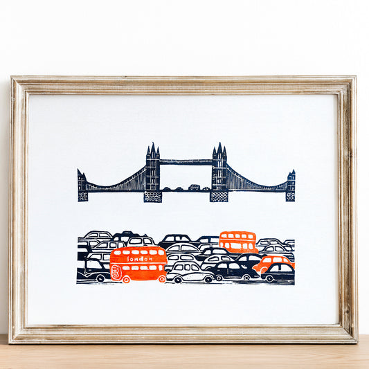 linocut print home office decor england cityscape linogravure nursery dopamine tower London bridge red bus wall art british landmark original artwork urban landscape UK back to school travel gift idea  patriotic relief home office bedroom thankful lover gift lino print printmaking professor teacher handprinted Architecture British Heritage Souvenir Thames River nurcery children kids room decoration entryway