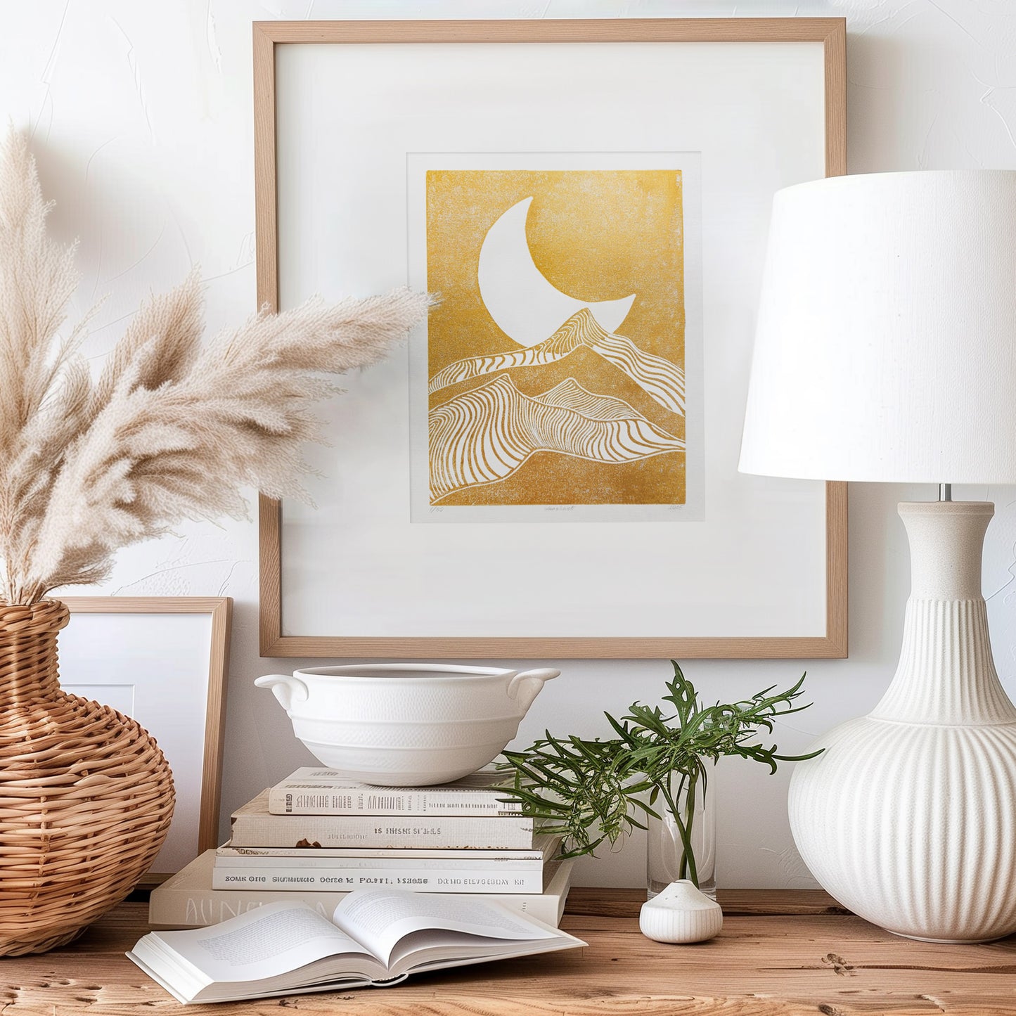 gold abstract moon line mountains 8x10 lino desert landscape mini linocut print modern minimalist original artwork master bedroom decor living room wall art hallway relief block linogravure reading nook boho classical style new home gift mid century modern mindful christmas printmaking bohemian abstract handprint decoration geometric unique dopamine eclectic scandinavian trendy aesthetic above bed man cave apartment housewarming dining room dorm entryway laundry office hostess mom mother