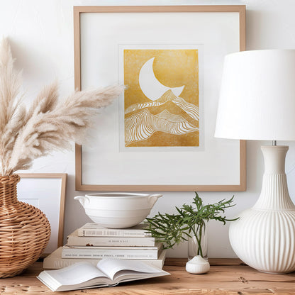 gold abstract moon line mountains 8x10 lino desert landscape mini linocut print modern minimalist original artwork master bedroom decor living room wall art hallway relief block linogravure reading nook boho classical style new home gift mid century modern mindful christmas printmaking bohemian abstract handprint decoration geometric unique dopamine eclectic scandinavian trendy aesthetic above bed man cave apartment housewarming dining room dorm entryway laundry office hostess mom mother