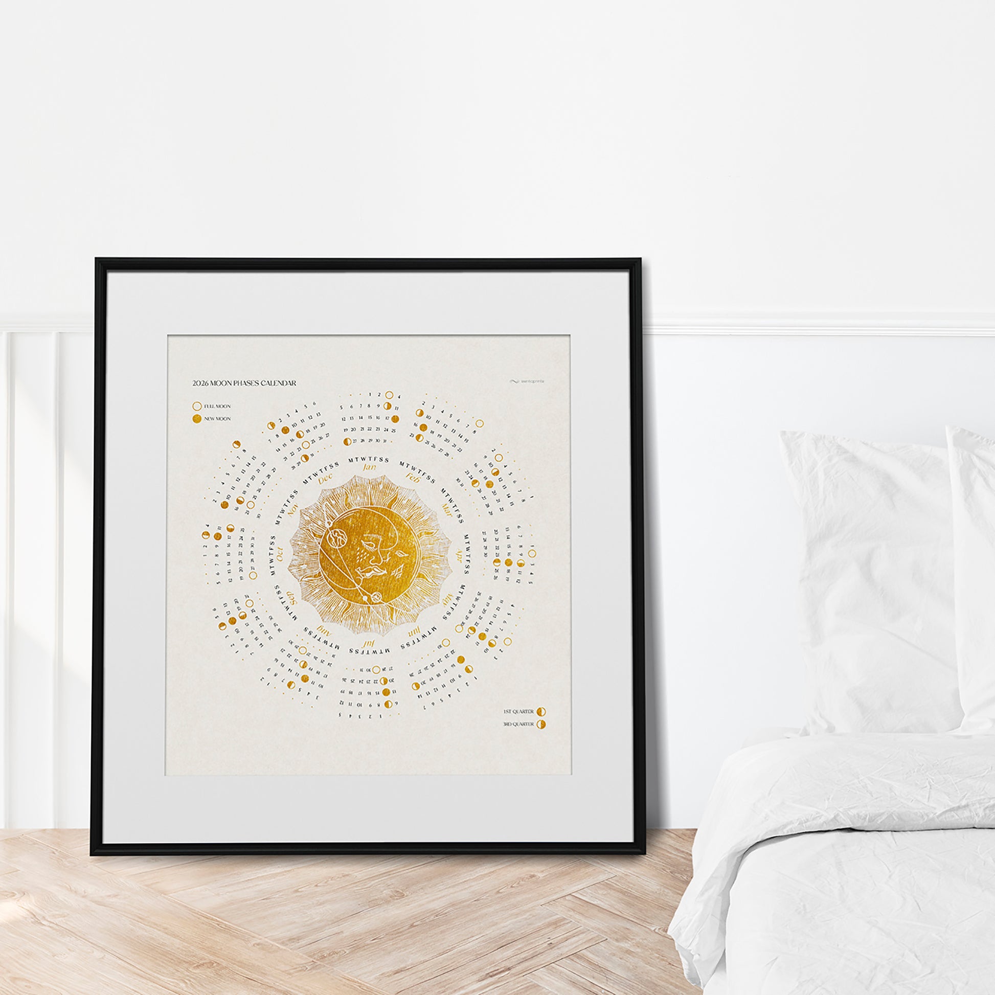 2026 European Printable lunar yearly calendar poster Gold kiss of the moon and sun + Desktop Ipad wallpaper New Year Christmas gift illustrated calendar, wall calendar 2026, holiday calendar 2026, instant download, digital product, downloadable art, wall hanging, unique wall art, Xmas Gift for Nature Lover, minimalist wall art, large wall art, moody wall art, trendy wall art,&nbsp;aesthetic wall art, Christmas, bedroom wall decor, modern kitchen art