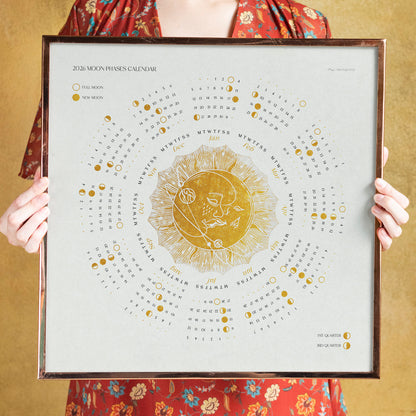 2026 European Printable lunar yearly calendar poster Gold kiss of the moon and sun + Desktop Ipad wallpaper New Year Christmas gift illustrated calendar, wall calendar 2026, holiday calendar 2026, instant download, digital product, downloadable art, wall hanging, unique wall art, Xmas Gift for Nature Lover, minimalist wall art, large wall art, moody wall art, trendy wall art,&nbsp;aesthetic wall art, Christmas, bedroom wall decor, modern kitchen art