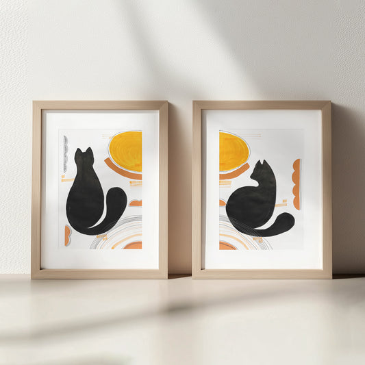 playful cat black abstract cats gouache painting funny animal art gallery wall set of 2 artworks original artwork nursery decor pet corner mid century modern one of a kind minimalist black friday sale Cyber Monday Sale, Cyber Week Deal Kids Room Cat Lovers Gifts Scandinavian Nordic Minimalist Boho Living Room Hallway Home Office unique funny decoration