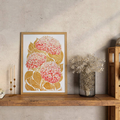 Ochre and pink watercolor hydrangea flowers Linocut print farm kitchen wall art, farm decor, easter gift, dorm room decor, diy gift, Dining Room Decor, daughter in law gift, cottagecore wall art, Botanical wall art, bookshelf decor, Bedroom wall art, aunt gift, Aesthetic wall art, office wall decor