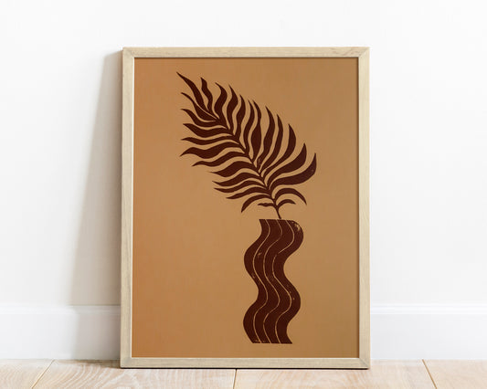 Boho brown wave vase and plant art Linocut print for New home gift UNFRAMED / lino print / linogravure / handmade art / classical art / living room, bedroom