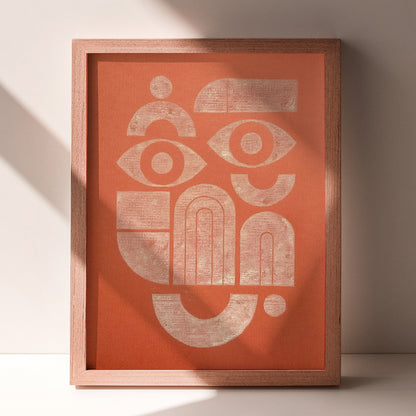 linocut print original artwork mid century modern lino linogravure printmaking terracotta color abstract bauhaus style funny face shapes minimalist wall art mindful christmas gift bedroom bohemian boho mystical couple classical style anniversary newlywed dopamine inspirational living room self contemporary entryway bathroom dining kitchen shelf sister mom mother girlfriend housewarming new appartment coworker printmaking relief block minimal apartment