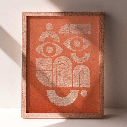 linocut print original artwork mid century modern lino linogravure printmaking terracotta color abstract bauhaus style funny face shapes minimalist wall art mindful christmas gift bedroom bohemian boho mystical couple classical style anniversary newlywed dopamine inspirational living room self contemporary entryway bathroom dining kitchen shelf sister mom mother girlfriend housewarming new appartment coworker printmaking relief block minimal apartment