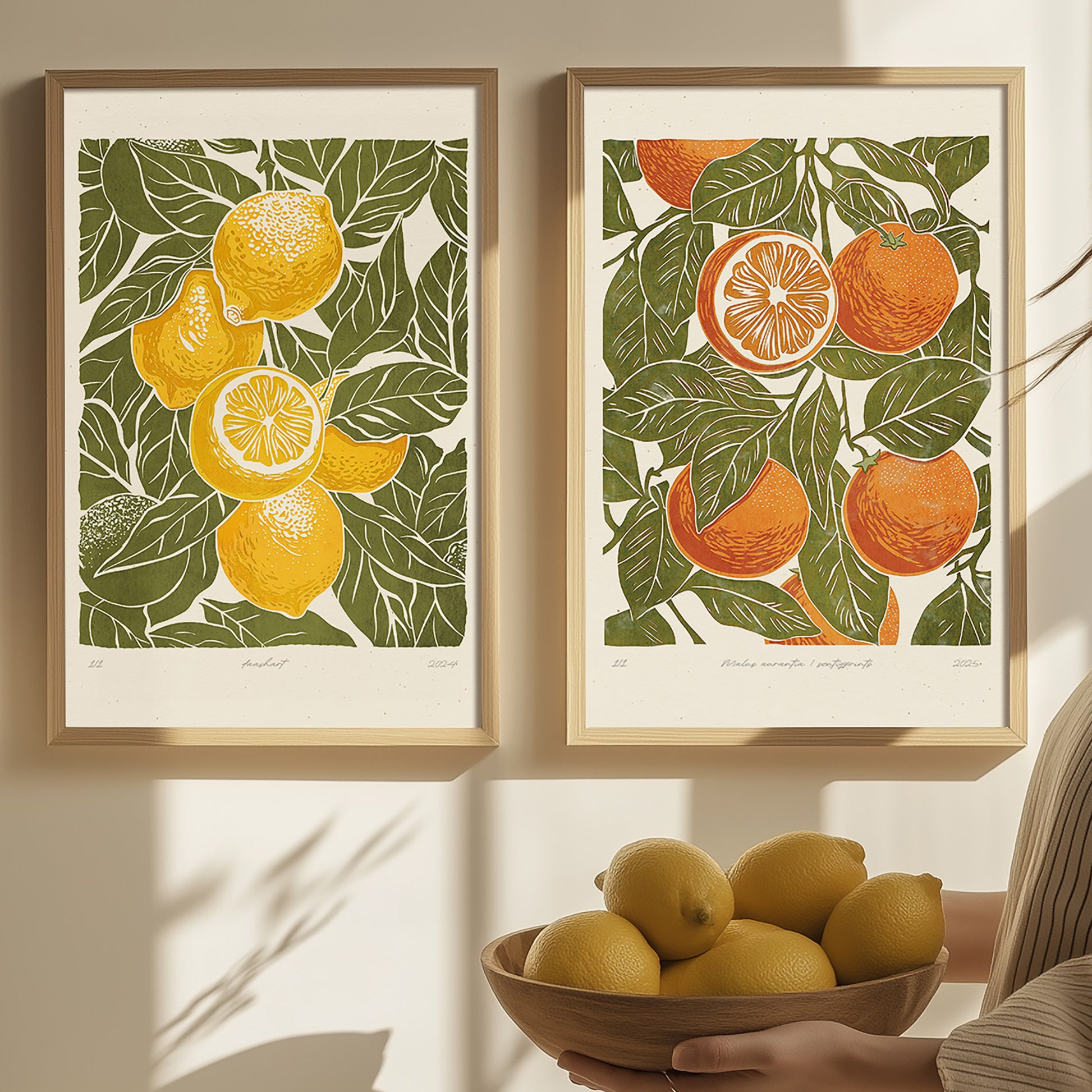 Gallery wall set of 2 Sage green oranges and lemons fruits «Sagreen Lemoranges» Printable linocut wall art posters prints, illustration printable wall art, digital poster, nature, rustic, floral, flower, plant, leaf, leaves, digital download, digital product, downloadable art, wall hanging, unique wall art, contemporary art, large prints, moody wall art, trendy wall art, aesthetic wall art, bedroom wall decor, modern kitchen art, dining room decor, botanical poster, cottagecore, rustic