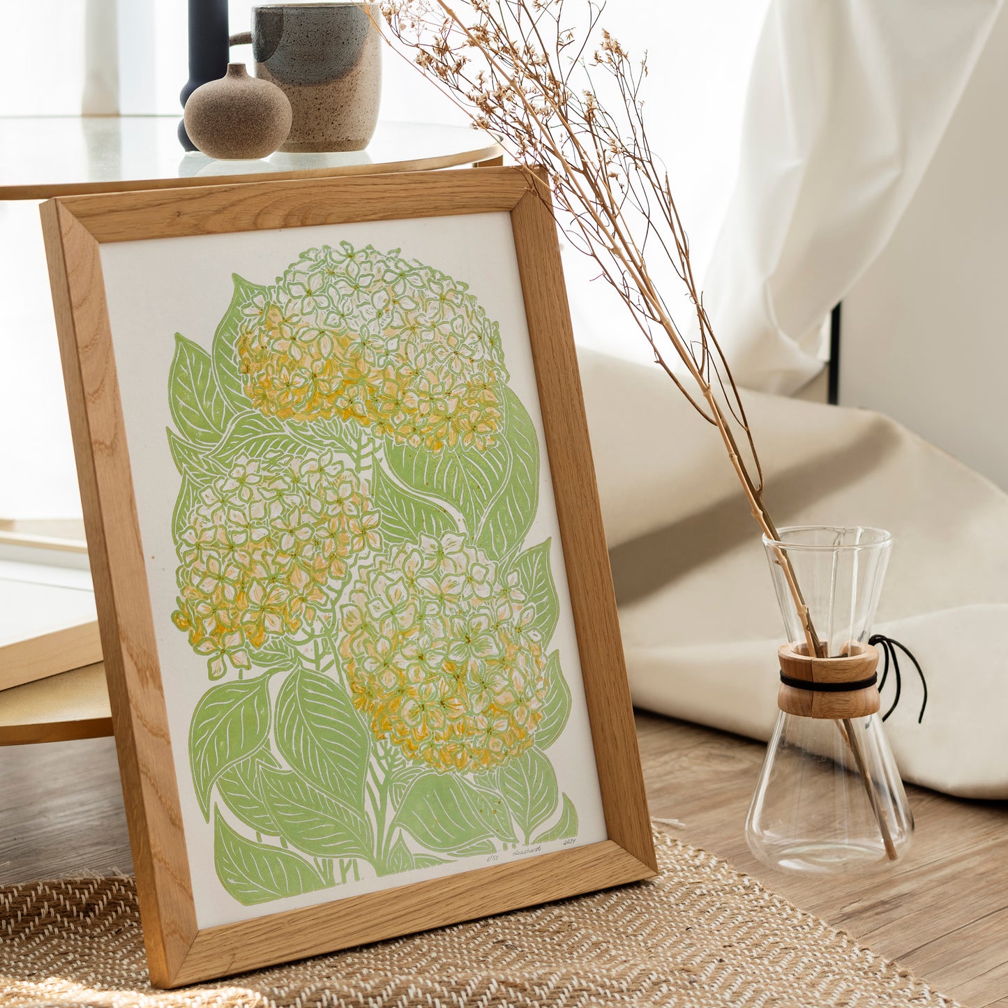 Summer wall art Watercolor hydrangea Yellow green flower and plant Linocut print 12x16 Botanical decor Original artwork Housewarming gift