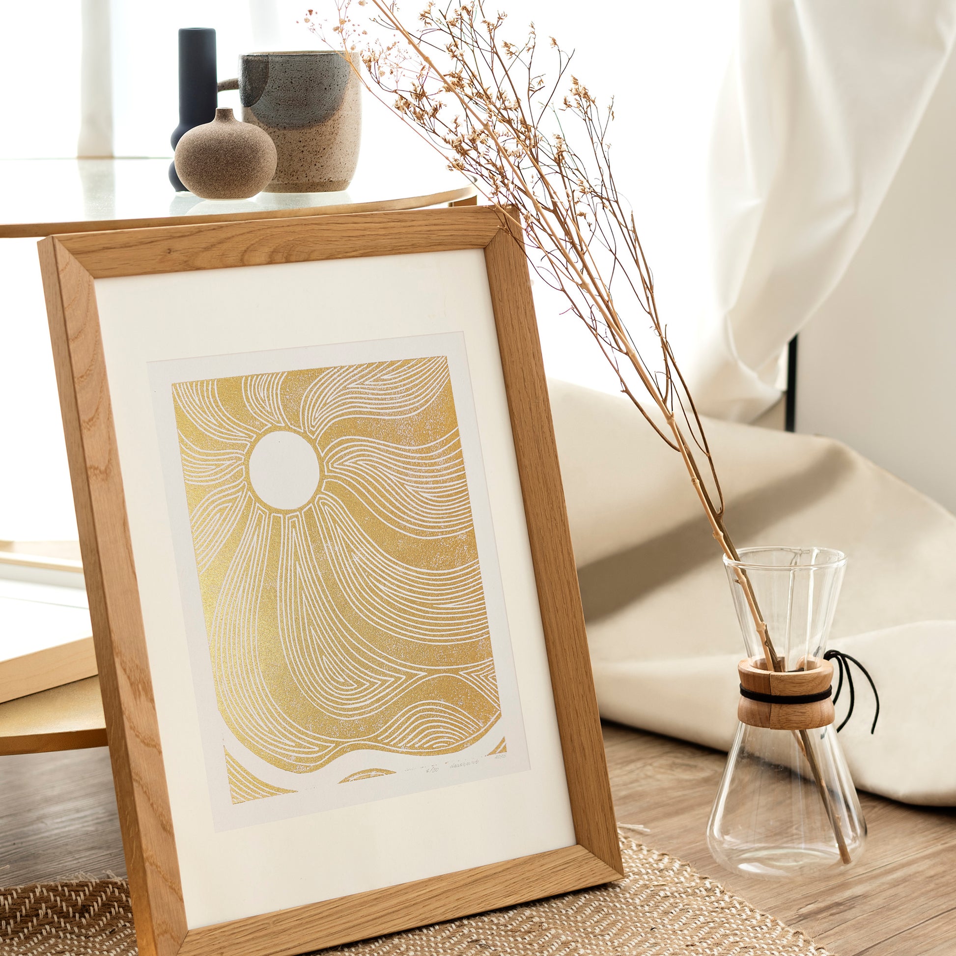 gold boho sun waves 8x10 autumn landscape wall art linocut print japanese original artwork classical style bedroom decor new home gift mid century modern mindful living room home office abstract, contemporary, midimalism,