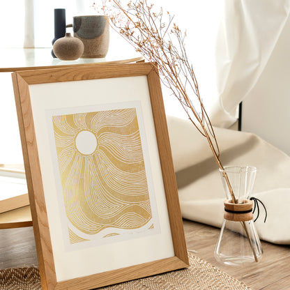 gold boho sun waves 8x10 autumn landscape wall art linocut print japanese original artwork classical style bedroom decor new home gift mid century modern mindful living room home office abstract, contemporary, midimalism,
