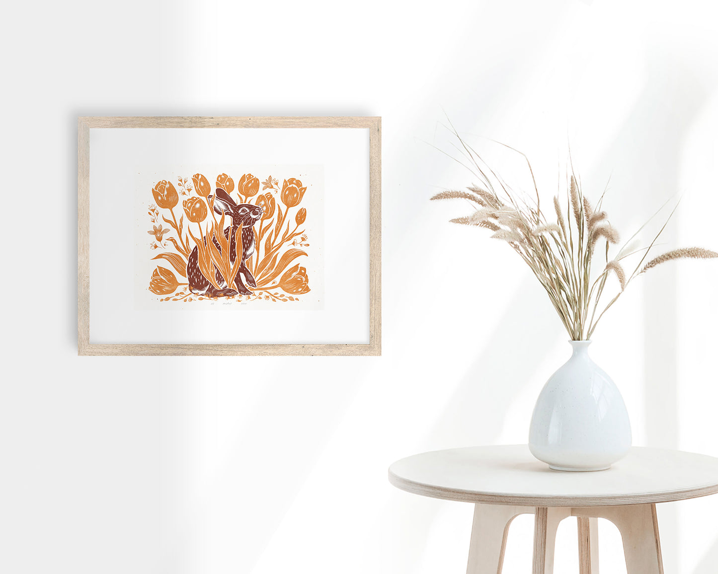 Hare with tulips and plant Printable linocut prints Ochre brown wall art relief lino texture Foraget decor Digital downloadable poster