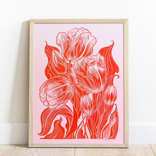 Red and pink tulips flowers Linocut print Spring wall art decor lino print, linogravure, printmaking, relief print, block print, wall hanging, unique wall art, trendy wall art, thank you gift boss, teacher appreciation gift, Summer wall art, Spring wall art, sister in law gift, shelf decor, self gift, rustic wall art, retirement gift