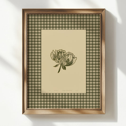 sage green color peony flower large linocut prints floral lino printable wall art digital poster retro cottagecore vintage botanical gingham checkered decor monoprints chateaucore  bedroom grand millennial modern kitchen monochrome mom gift rustic living room antique illustration plant lover dining room hostess thank you table earth tones downloadable nature bedroom instant download home office housewarming farmhouse mother grandmother sister self wife women girlfriend Entryway reading nook