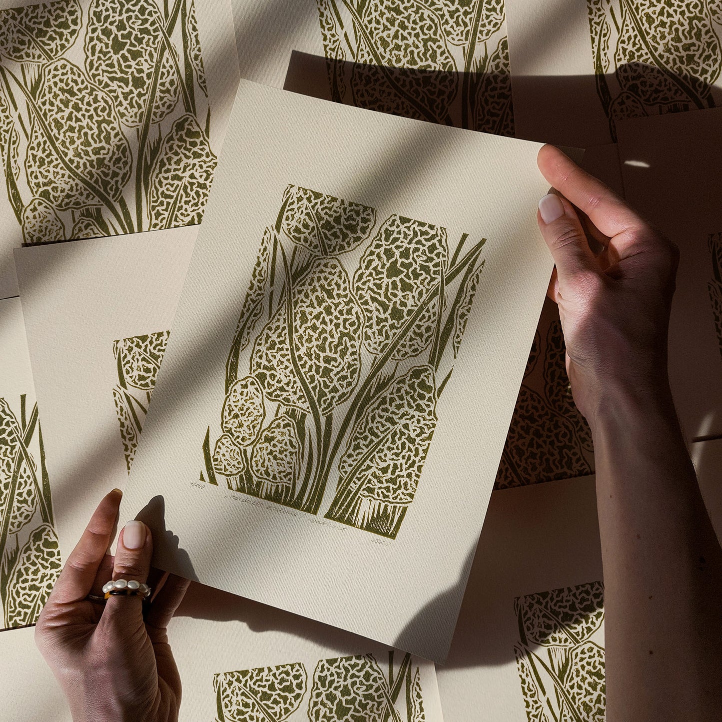 Beige retro cottagecore morel mushroom linocut print forestcore lino sage green color true morels relief monoprint original artwork vintage kitchen english cottage dining wall decor mother gift ideas rustic linogravure master bedroom hallway hostess gift whimsical living space guest farmhouse one of a kind engraving above bed reading nook grandmother gift self handprint home office sister botanical printmaking farm sister mom godmother wife woman Entryway Earth Tones housewarming staircase