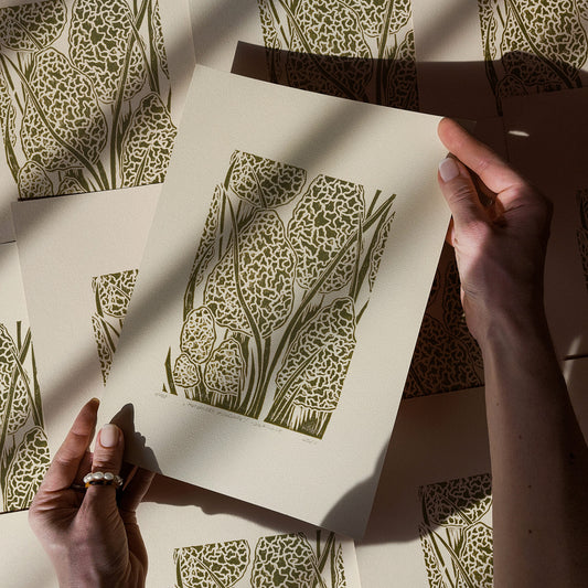 Beige retro cottagecore morel mushroom linocut print forestcore lino sage green color true morels relief monoprint original artwork vintage kitchen english cottage dining wall decor mother gift ideas rustic linogravure master bedroom hallway hostess gift whimsical living space guest farmhouse one of a kind engraving above bed reading nook grandmother gift self handprint home office sister botanical printmaking farm sister mom godmother wife woman Entryway Earth Tones housewarming staircase