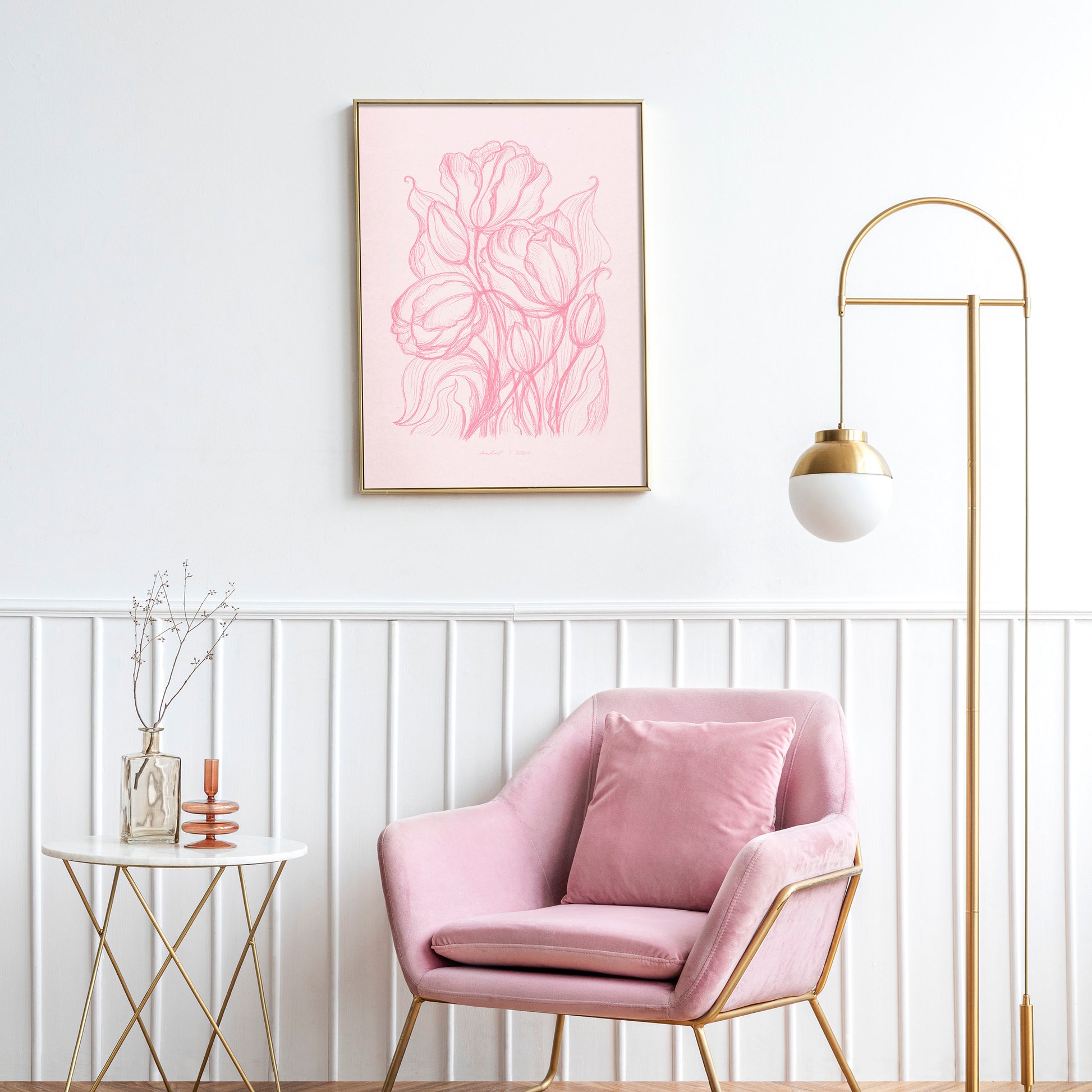 Spring trendy pink wall art Hand drawn tulips flower sketch Line floral large botanical poster Printable neutral prints Bedroom living room decor digital instant download