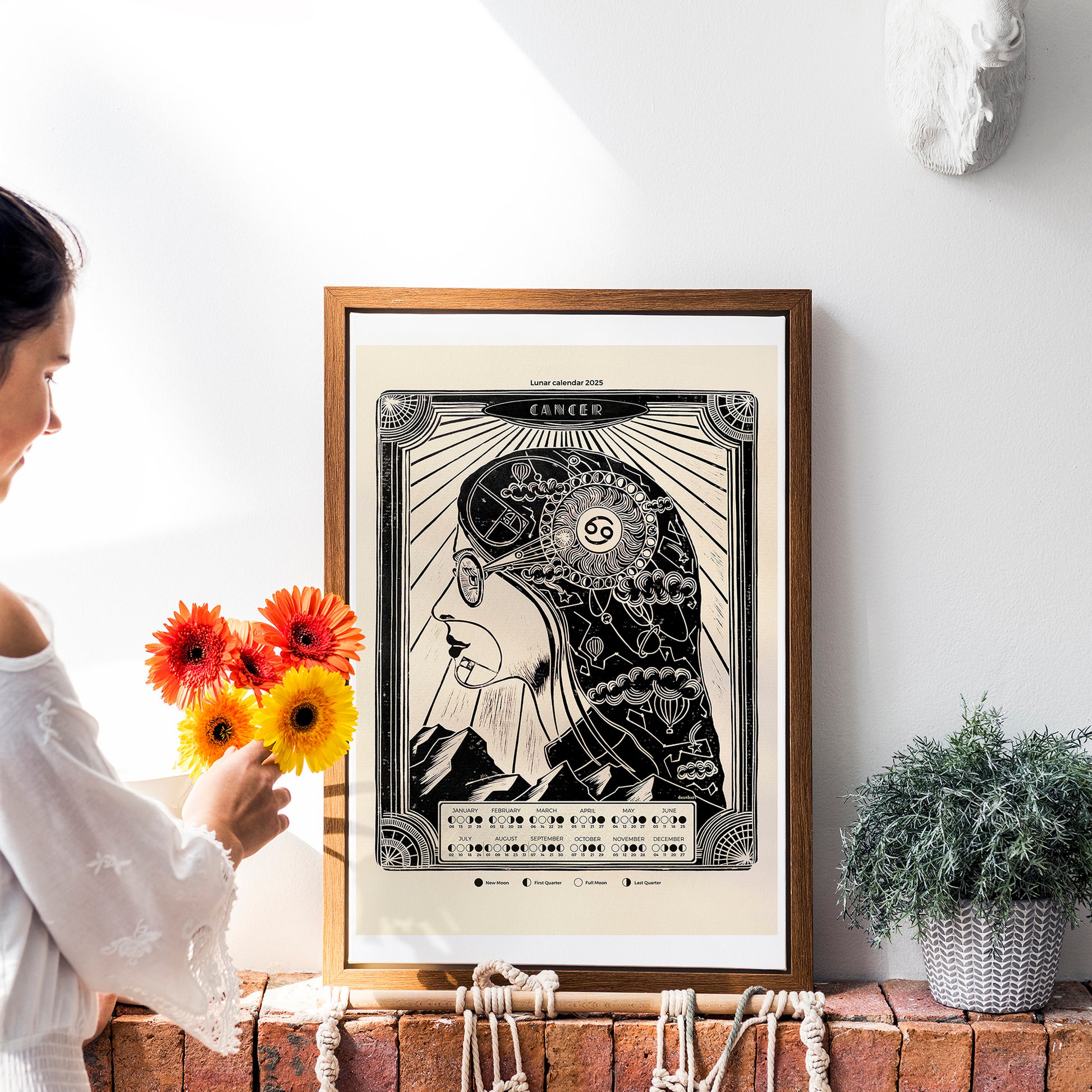 personalized zodiac 2026 moon phases lunar calendar female portrait art deco large linocut prints printable wall art bedroom decor girlfriend new year gift ideas digital poster mother astrology inspired landscape home office contemporary modern chart black bedroom INSTANT DOWNLOAD Aries, Libra, Capricorn, and Cancer, Taurus, Scorpio, Leo, and Aquarius, Gemini, Sagittarius, Virgo, and Pisces girlfriend gift grandma gift, new mom gift, grandmother gift, gift for aunt, hostess gift