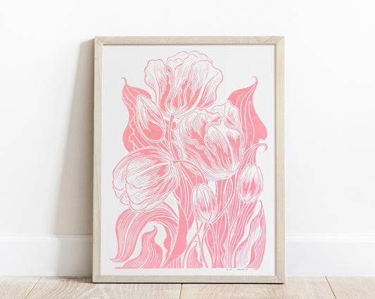 Spring wall art Linocut print Pink tulips flower Botanical original relief artwork for Modern bedroom kitchen decor or Nature lover gift