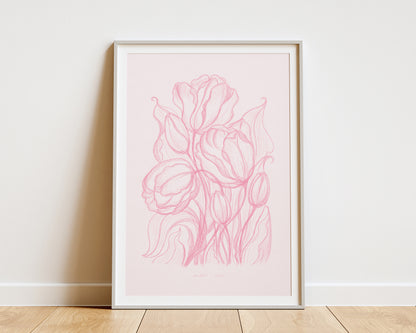 Spring trendy pink wall art Hand drawn tulips flower sketch Line floral large botanical poster Printable neutral prints Bedroom living room decor digital instant download