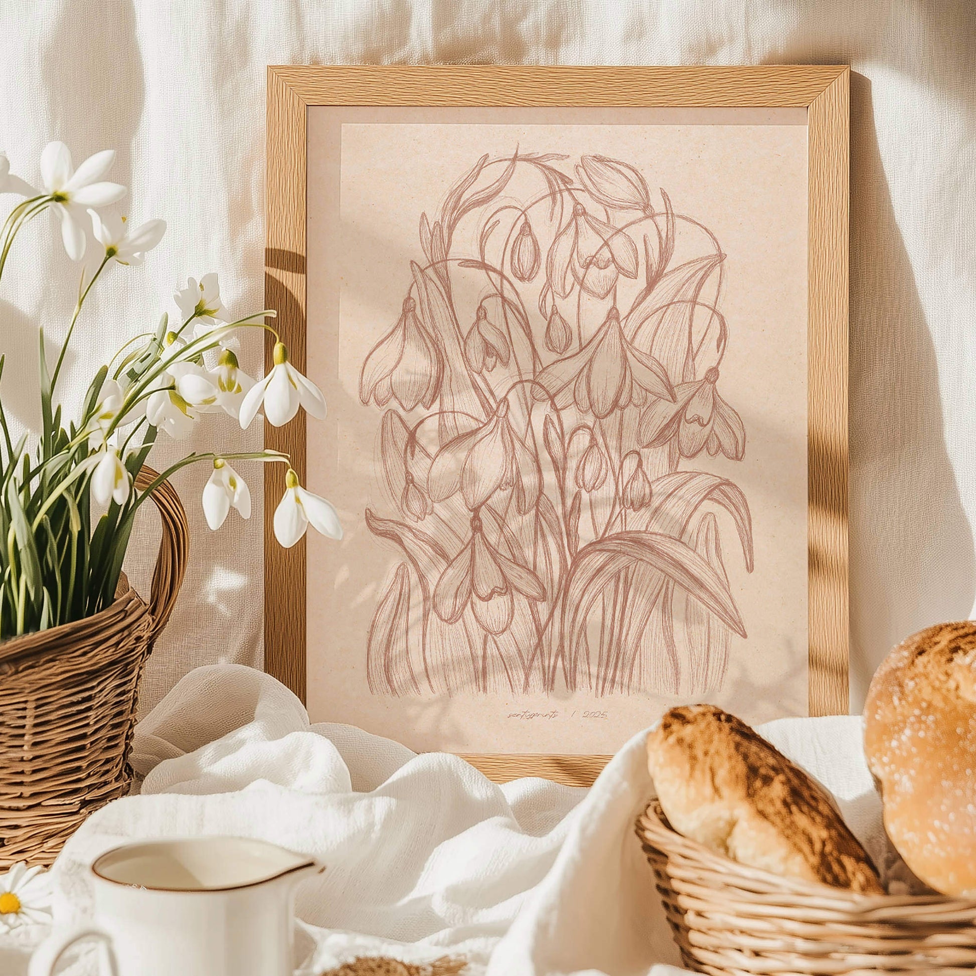 vintage sketch
mocha mousse color
snowdrop flowers
spring wall art
floral prints
printable wall art
cottagecore wall art
lines art
bedroom wall decor
digital download
hand drawn prints
farmhouse wall decor