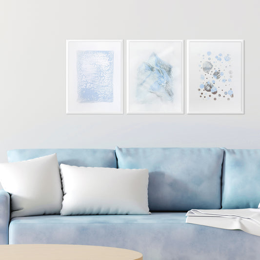 Gallery wall set Noel decoration Christmas wall decor set of 3 prints Holiday winter wall Monotype print original artwork Blue silver snow Relief texture Abstract mountains bedroom wall decor Printmaking art Minimalist festive Handmade painting one copy unique decor Home decoration Living room Bedroom wall decor