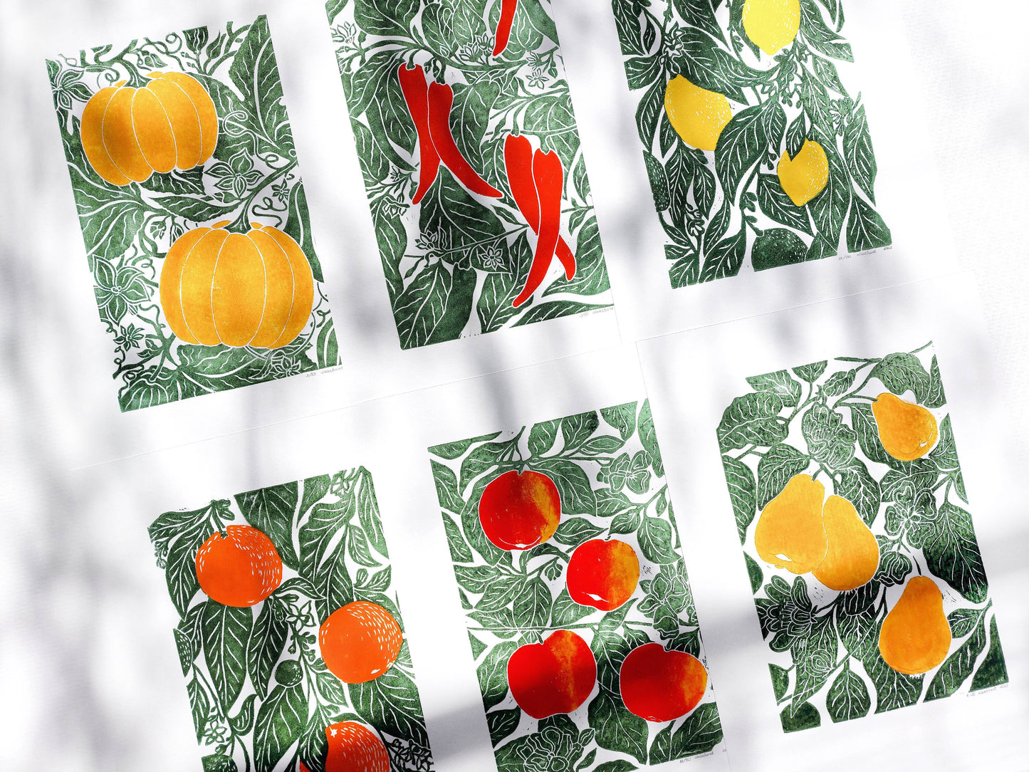 Set of 6 linocut prints with fruits for farmhouse kitchen gallery wall